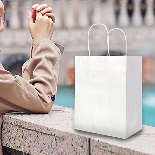 Oikss 100 Pack 5.25x3.25x8.25 Inch Small Kraft Bags with Handles Bulk, Paper Bags Birthday Wedding Party Favors Grocery Retail Shopping Business Goody Craft Gift Bags Cub Sacks (White 100PCS Count)