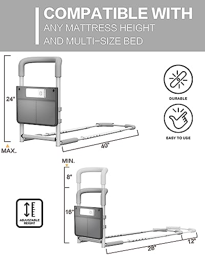 Agrish Bed Rails for Elderly Adults - with Motion Light & Storage Pocket, Bedside Assist Bar for Seniors Handicapped Pregnant- Medical Bed Handles w/Adjustable Lenth, Fit Any Bed, Light Grey