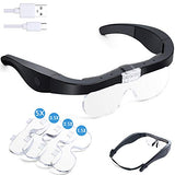 Headband Magnifier, Rechargeable Magnifying Glasses with Light Hands Free Interchangeable Magnification Lenses 1.5X 2.5X 3.5X 5X for Jewelry, Crafts, Cross Stitch