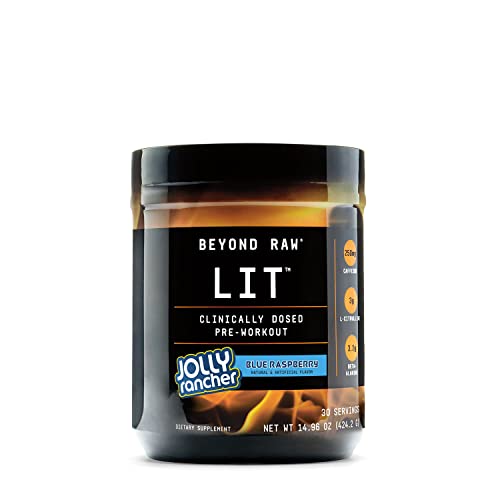 BEYOND RAW LIT | Clinically Dosed Pre-Workout Powder | Contains Caffeine, L-Citrulline, and Beta-Alanine, Nitric Oxide and Preworkout Supplement | Jolly Rancher Blue Raspberry | 30 Servings