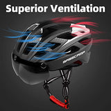 Bike Helmet, Basecamp Bicycle Helmet with Rear Light & Detachable Magnetic Goggles & Portable Backpack Lightweight Cycling Helmet Adjustable for Adult Men Women Mountain & Road (BC-069)