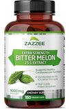 Zazzee Extra Strength Bitter Melon 25:1 Extract, 9000 mg Strength, 10% Bitter Principles, 150 Vegan Capsules, Standardized and Concentrated 25X Extract, 100% Vegetarian, All-Natural and Non-GMO