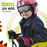 OutdoorMaster Kids Ski Goggles - Helmet Compatible Snow Goggles for Boys & Girls with 100% UV Protection (Black Frame + VLT 90% Clear Lens)