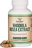 Rhodiola Rosea Supplement 500mg, 120 Vegan Capsules (Manufactured and Third Party Tested in The USA, 3% Salidrosides, 1% Rosavins Extract) for Performance, Calming, Motivation by Double Wood