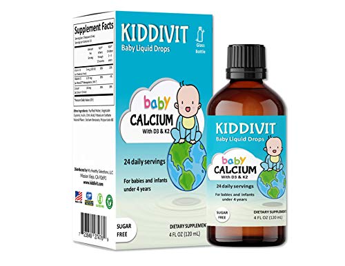 Kiddivit Baby Calcium Liquid Drops with Vitamin D3 & K2-24 Daily Servings, 4 Fl Oz (120 mL) - Inulin Fortified (Prebiotic, Dietary Fiber) - Sugar Free, Gluten Free, Vegetarian Friendly