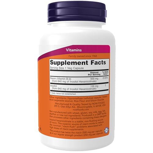 NOW Supplements, Niacin (Vitamin B-3) 500 mg, Flush-Free, Double Strength, Nutritional Health, 90 Veg Capsules