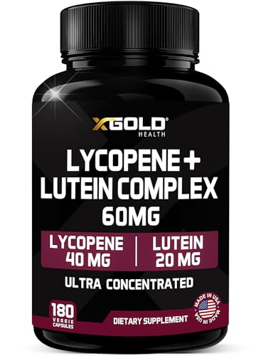 Lycopene + Lutein Supplement 60mg | Lycopene 40mg from Tomato & Lutein 20mg from Marigold Extract - 2-in-1 Ultra-Concentrated Health Supplements | Non-GMO & Gluten Free - 180 Veggie Caps Made in USA