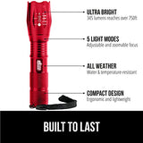 Gorilla Grip Powerful LED 750 FT Water Resistant 5 Adjustable Mode Tactical Flashlight, High Lumens Ultra Bright Battery Zoom Flashlights, Small Camping Car Mini Flash Light Accessories, 2 Pack Red