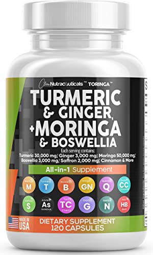 Turmeric Curcumin 30000mg Ginger 3000mg Moringa 50000mg Boswellia Saffron 2000mg - Joint Support Supplement for Women and Men with Ceylon Cinnamon, Quercetin, Tart Cherry Made in USA 120 Caps