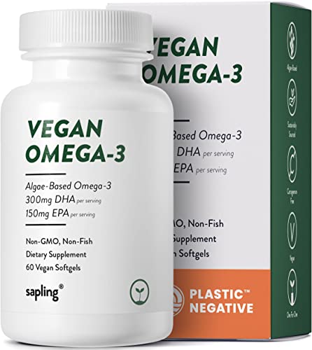 Vegan Omega 3 Supplement - Plant Based DHA & EPA Fatty Acids - Carrageenan Free, Alternative to Fish Oil, Supports Heart, Brain, Joint Health - Sustainably Sourced Algae - 60 Softgels