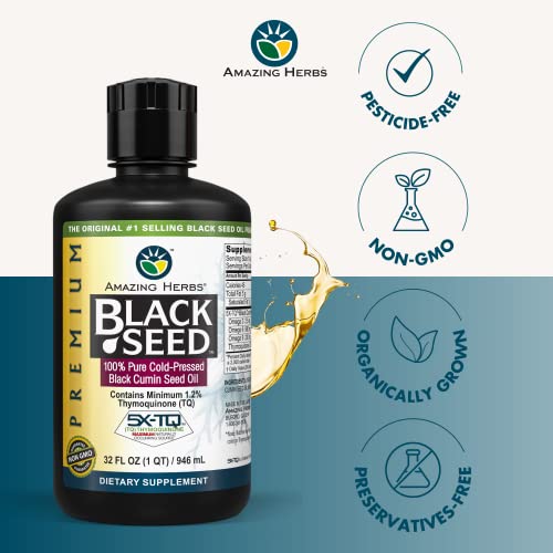 Amazing Herbs Premium Black Seed Oil - Cold Pressed Nigella Sativa Aids in Digestive Health, Immune Support, Brain Function, Joint Mobility, Gluten Free, Non GMO - 32 Fl Oz