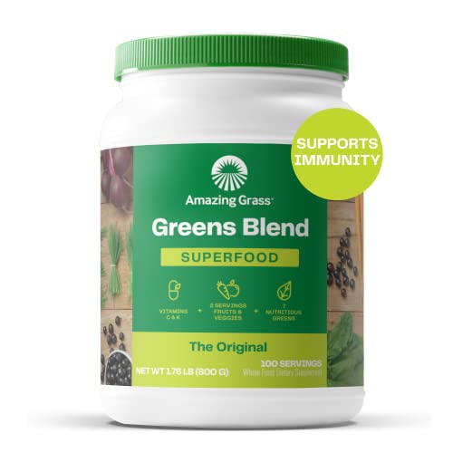 Amazing Grass Greens Blend Superfood: Super Greens Powder Smoothie Mix with Organic Spirulina, Alfalfa, Beet Root Powder, Digestive Enzymes & Probiotics, Original, 100 Servings (Packaging May Vary)