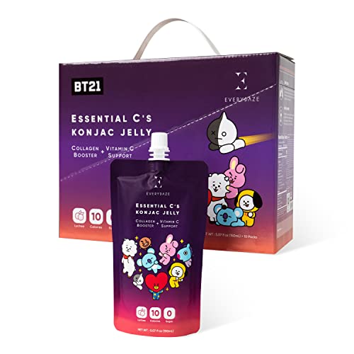 EVERYDAZE BT21 Essential C’s Collagen + Vitamin C Konjac Jelly | Vegan, 10 Calories, 0 Sugar | Lychee | 10 Packs | Healthy Diet Pouch Drinkable Snack Drink, Weight Management