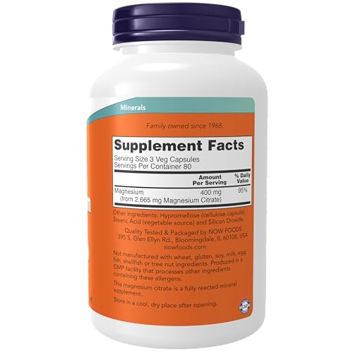 NOW Supplements, Magnesium Citrate, Enzyme Function*, Nervous System Support*, 240 Veg Capsules