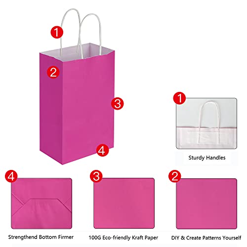 Oikss 100 Pack 5.25x3.25x8.25 inch Small Kraft Bags with Handles Bulk, Pink Paper Bags Birthday Wedding Party Favors Grocery Retail Shopping Business Goody Craft Gift Cub Sacks (Fuchsia 100PCS Count)