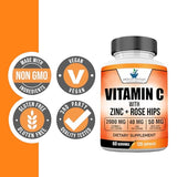 American Standard Supplements Vitamin C 2000mg, Zinc 40mg, and Rose Hips 50mg Per Serving – Vegan, Gluten Free, Non-GMO, 120 Capsules, 60 Servings