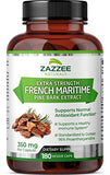 Zazzee Extra Strength French Maritime Pine Bark Extract, 350 mg Per Capsule, 180 Vegan Capsules, 95% Proanthocyanidins, 6 Month Supply, Concentrated and Standardized, Non-GMO, Lab-Tested, All-Natural