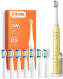 Bitvae Ultrasonic Electric Toothbrush with 8 Brush Heads, Rechargeable Electric Power Toothbrush for Adults and Kids with a Holder, 5 Modes, Smart Timer, Lemon Yellow D2