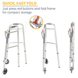 Drive Medical 10210-1 2-Button Folding Walker with Wheels, Rolling Walker, Front Wheel Walker, Lightweight Walkers for Seniors and Adults Weighing Up To 350 Pounds, Adjustable Height, Silver