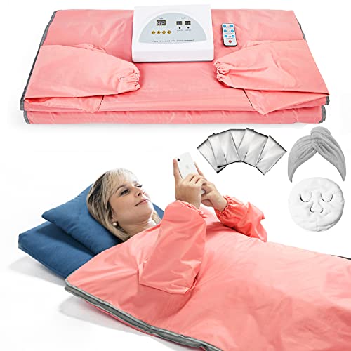 Surnuo Larger Size Sauna Blanket for Detox- Far Infrared (FIR) Sauna Blanket, Sweating Sauna Bed Body Heating with Sleeves for Stress Pain Relief Health Pink