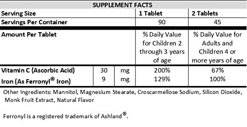 NutritiPure Kids Chewable Iron Supplement (Ferronyl®/Carbonyl Iron 9 mg with Vitamin C 30 mg) Tablet in Tangerine Tango Orange Flavor 90 Count (1 Bottle)