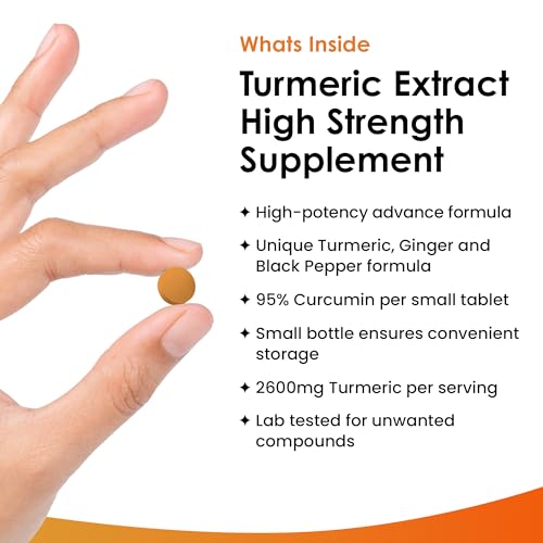 Turmeric Tablets 2600mg with Black Pepper & Ginger - 95% Curcumin Extract 180 and (3 Month) High Strength Active Supplements Not Capsules,by New Leaf