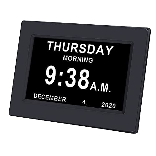 3 Colors Extra Large Impaired Vision Digital Clock with Day and Date for Elderly Calendar Day Clock Auto Dimmable Clock with Non-Abbreviated Year & Month Alarm Clock (7 inch Black)