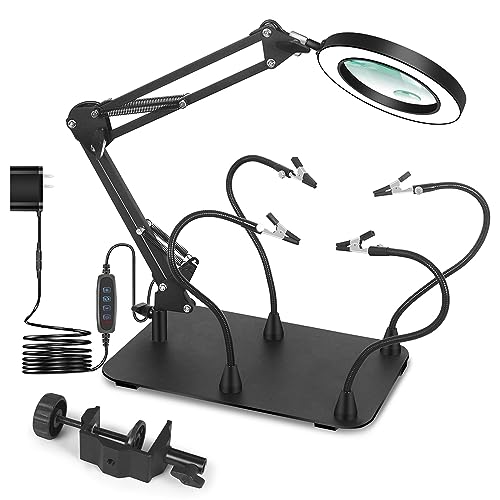Magnifying Glass with Light and Stand, EOOKU Flexible Magnetic Helping Hand, 5X&10X 12V 108pcs LED Beads Magnifying Lamp, 3 Modes Adjustable Swivel Gooseneck Arms & Heavy Duty Base Plate