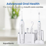 AquaSonic Home Dental Center Rechargeable Power Toothbrush & Smart Water Flosser - Complete Family Oral Care System - 10 Attachments and Tips Included - Various Modes & Timers (White)