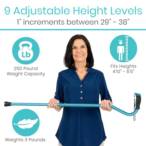 Vive Walking Cane for Women, Men, Elderly - Patented Offset Grip - Lightweight Adjustable Walking Aid with a Non-Slip Tip - Sturdy Balancing Mobility Aid for Seniors, Supports Up to 250lbs (Teal)