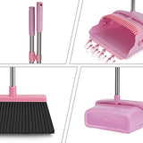 kelamayi Broom and Dustpan Set for Home, Office, Indoor&Outdoor Sweeping, Stand Up Broom and Dustpan (Pink)