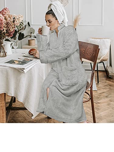 PAVILIA Womens Housecoat Zip Robe, Sherpa Zip Up Front Robe Bathrobe, Fuzzy Warm Zipper House Coat Lounger for Women Ladies Elderly with Pockets, Fluffy Fleece Long - Light Gray (Large/X-Large)