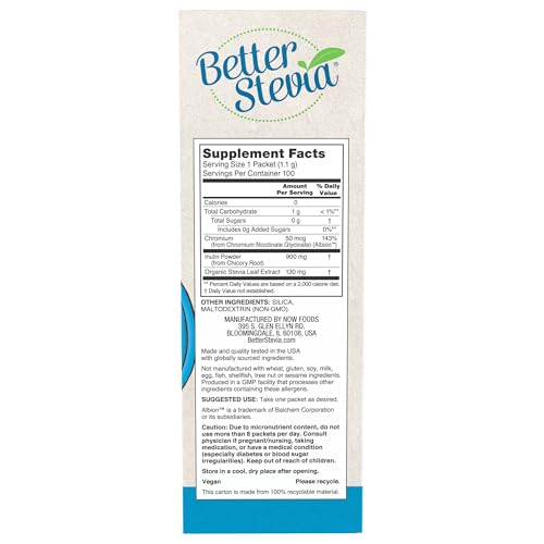 NOW Foods BetterStevia Balance with Chromium and Inulin, Zero-Calorie Granulated Sweetener Packets, Keto Friendly, Suitable for Diabetics, No Erythritol, 100 Packets