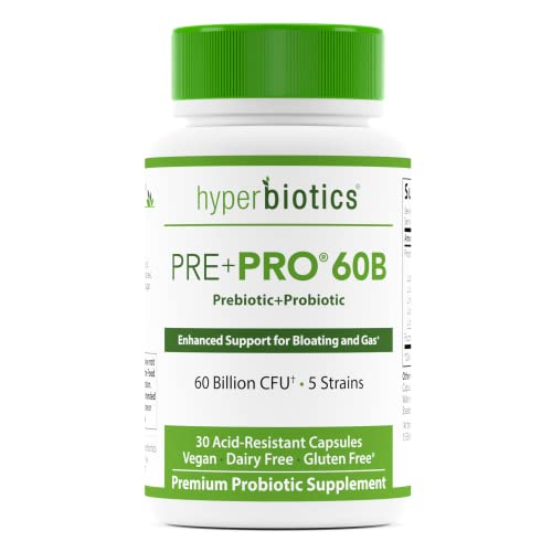 Hyperbiotics Pre Pro Vegan Probiotics + Prebiotics | 60 Billion CFU | Daily Probiotic for Women and Men | Advanced Strength Digestive and Immune Health Support | Gluten and Dairy Free | 30 Capsules