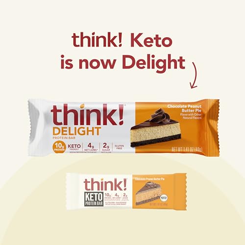 think! Delight, Keto Protein Bars, Healthy Low Carb, Gluten Free Snack - Chocolate Peanut Butter Pie, 12 Count (Packaging May Vary)