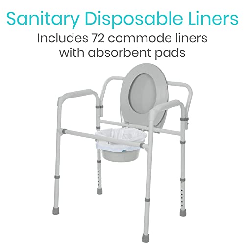 Vive Commode Liners with Absorbent Pads - Portable Toilet Bedside Chair Replacement Bags - Disposable Porta Potty Liners for Bariatric Standard Arm 3 in 1 Folding Buckets - Leakproof (72 Pack)