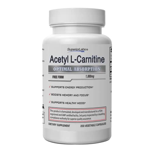 Superior Labs | Acetyl L-Carnitine 1000mg | 200 caps | Maximum Absorption | Pure Vegetable Capsules | Zero Synthetic Additives | Superior Absorption