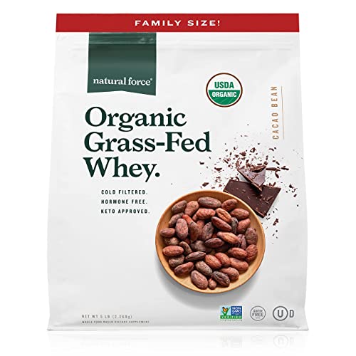 Natural Force Grass Fed Organic Whey Protein Powder – Non GMO Verified, Humane Certified & Lab Tested for Toxins – Real Chocolate Flavor – Keto Friendly, Low Carb, and Kosher – 5 Pound A2 Protein