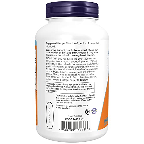 NOW Supplements, DHA-500 with 250 EPA, Molecularly Distilled, Supports Brain Health*, 180 Softgels