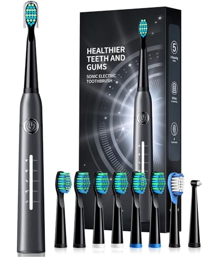 TEETHEORY Electric Toothbrush for Adults with 8 Brush Heads, Sonic Electric Toothbrush with 40000 VPM Deep Clean 5 Modes, Rechargeable Toothbrushes Last 30 Days (Silver Gray)