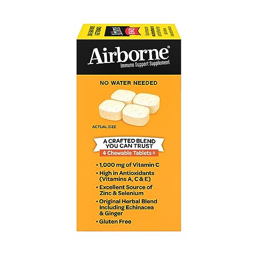 Airborne 1000mg Chewable Tablets with Zinc, Immune Support Supplement with Powerful Antioxidants Vitamins A C & E - 96 Tablets, Citrus Flavor