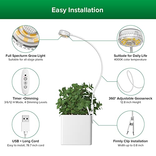 SANSI Grow Lights for Indoor Plants, LED Pot Clip Plant Light for Growing, 4000K Full Spectrum Plant Growing Lamp with 4-Level Dimmable, Auto On Off Timing 3 6 12 Hrs for Small Plants, White 5V 2-Pack