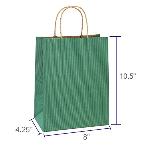 BagDream Shopping Bags 8x4.25x10.5 Inches 100Pcs Gift Bags Kraft Bags Retail Bags Green Stripe Paper Bags with Handles Bulk, 100% Recycled Paper Gift Bags