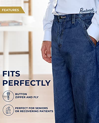 Pembrook Mens Elastic Waist Pants for Seniors - Adaptive Mens Pants for Elderly with Zipper and Button | Elastic Waist Pants for Men | Senior Elastic Waist Pants Denim