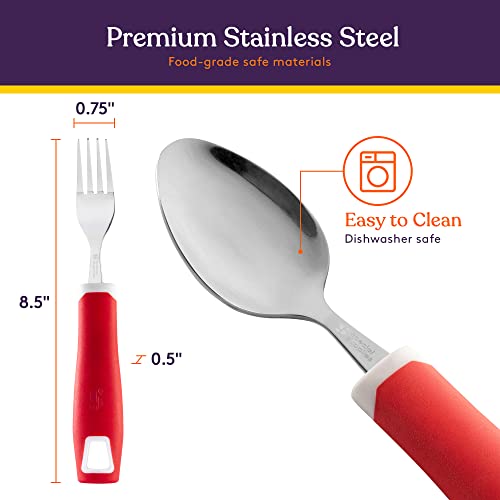 Special Supplies Adaptive Utensils 5-Piece Set Non-Weighted, Non-Slip Handles for Hand Tremors, Arthritis, Parkinson’s or Elderly Use - Stainless Steel Knife, Rocker Knife, Fork, Spoons - Red