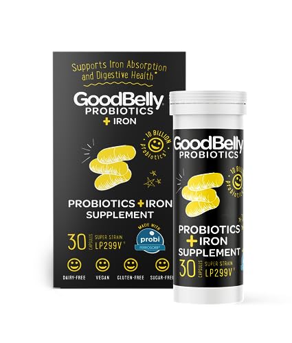 GoodBelly® Probiotic Supplement for Digestive Health & Iron Absorption- Includes 10 Billion Live & Active Cultures of Lactobacillus Plantarum - Vegan Probiotic (30 Capsules per Bottle)
