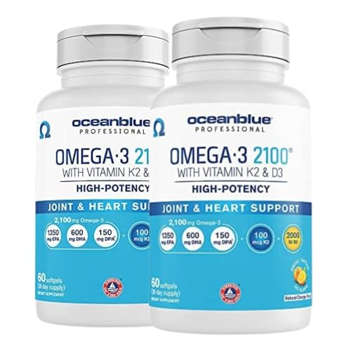 Oceanblue Professional Omega-3 2100 with Vitamin K2 and Vitamin D3-120 Count 2 Pack- Triple Strength Burpless Fish Oil Supplement with EPA, DHA & DPA - Wild Caught - Orange Flavor, 60 Servings