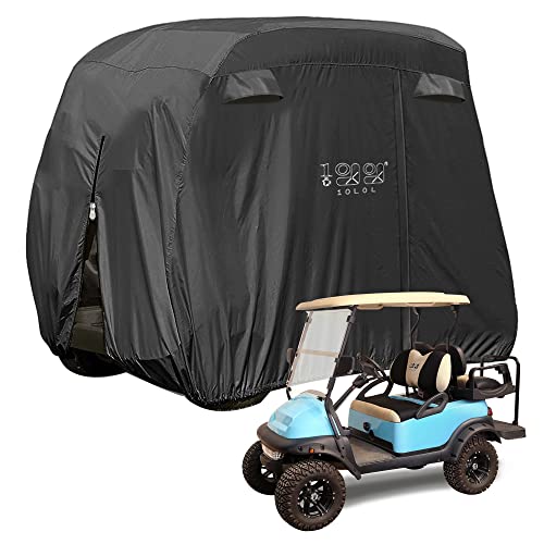 10L0L 4 Passenger Golf Cart Cover Fits EZGO, Club Car, Yamaha, 400D Waterproof Windproof Sunproof Outdoor All-Weather Polyester Full Cover with Three Zipper Doors - Black