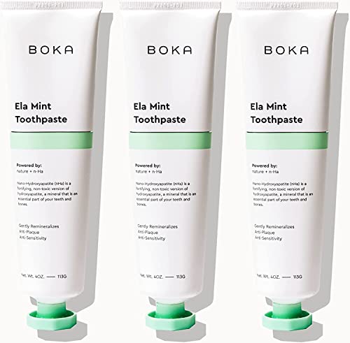 Boka Fluoride Free Toothpaste - Nano Hydroxyapatite, Remineralizing, Sensitive Teeth, Whitening - Dentist Recommended for Adult, Kids Oral Care - Ela Mint Natural Flavor, 4oz 3Pk - US Manufactured