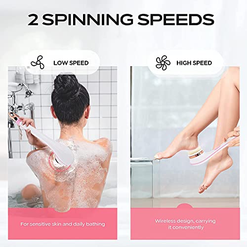 Body Brush Rechargeable, Electric Body Brush Set, Scrubber Shower Brush with Long Handle, Spin Skin Brush with 4 Brush Heads for Cleanse, Massage, exfoliate and Pamper Your Skin in The Shower (Pink)